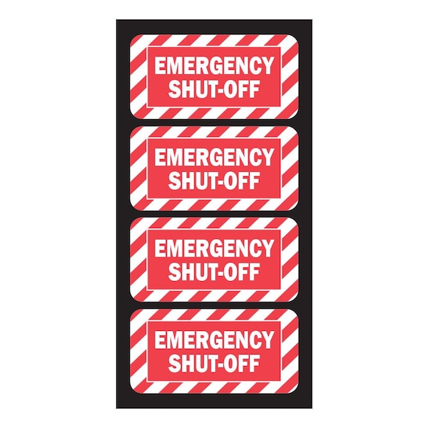 Emergency Shut Off Sign small, Emergency Stop Sticker, Machinery, Hvy-Dty, 2''x1'', 20PK